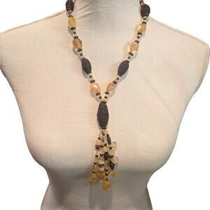Coldwater Creek Necklace Beaded Yellow Glass Wood Tassel Y Drop Boho SKU 2907